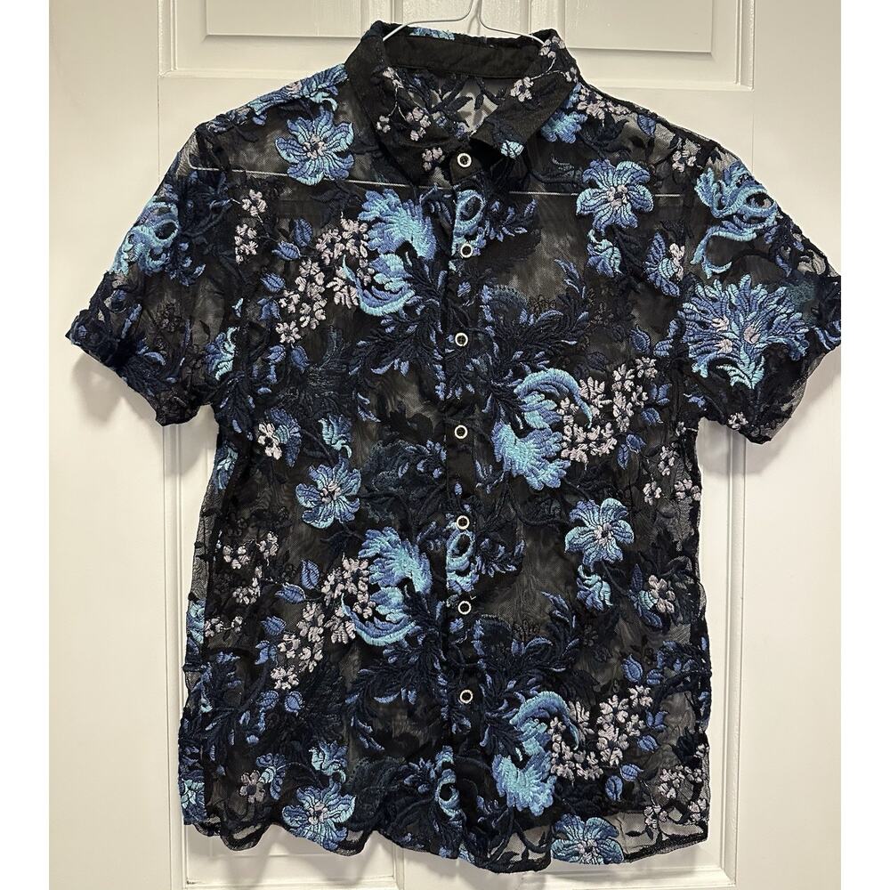 Floral Embroidered Sheer Blouse - Black and Blue